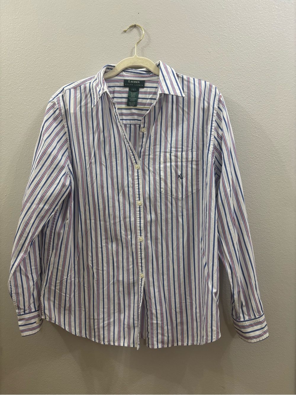 Lauren Ralph Lauren White Button-Down Shirt with Blue & Red Stripes